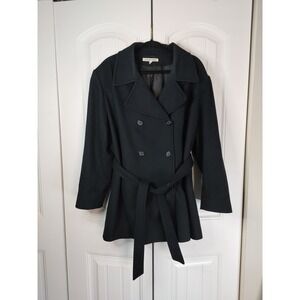 Vtg Jason Kole Womens 18/20 Black Wool Double Breasted Belt Pea Coat Minimalist